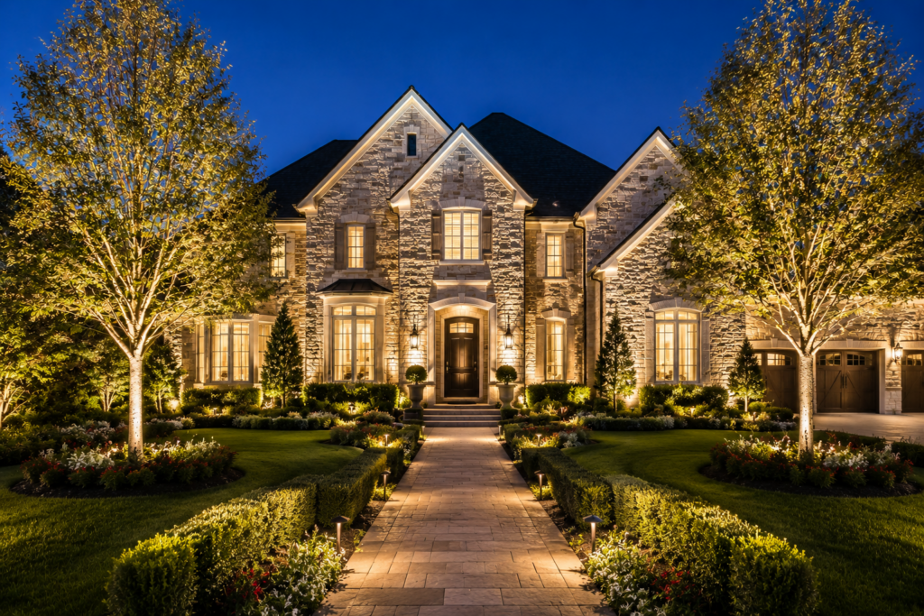Luxury home with professional landscape lighting illuminating the front elevation in Houston, Texas