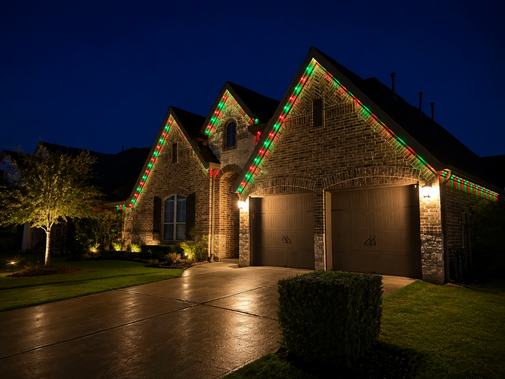 Permanent roofline christmas lights in Richmond, Texas Harvest Green